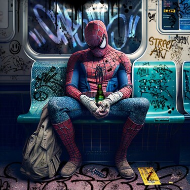 Digital Arts titled "Spiderman Undergrou…" by Frédéric Font (Chroma), Original Artwork, Digital Painting Mounted on Wood Str…