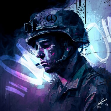 Digital Arts titled "SoldierV1" by Frédéric Font (Chroma), Original Artwork, Digital Painting Mounted on Wood Stretcher frame