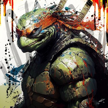 Digital Arts titled "Ninja Turtle V1" by Frédéric Font (Chroma), Original Artwork, Digital Painting Mounted on Wood Stretche…