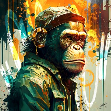 Digital Arts titled "Street Monkey V1" by Frédéric Font (Chroma), Original Artwork, Digital Painting Mounted on Wood Stretch…