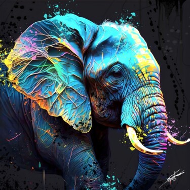 「Elephant V3」というタイトルのデジタルアーツ Frédéric Font (Chroma)によって, オリジナルのアートワーク, デジタル絵画 ウッドストレッチャーフレームにマウント