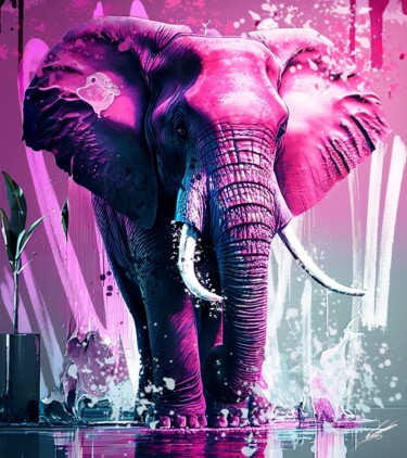 Digital Arts titled "Elephant V4" by Frédéric Font (Chroma), Original Artwork, Digital Painting Mounted on Wood Stretcher fr…