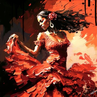 "Flamenco V4" başlıklı Dijital Sanat Frédéric Font (Chroma) tarafından, Orijinal sanat, Dijital Resim Ahşap Sedye çerçevesi…