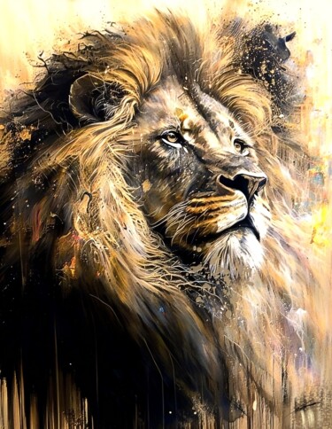 Digital Arts titled "Lion V5" by Frédéric Font (Chroma), Original Artwork, Digital Painting Mounted on Wood Stretcher frame