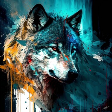 Digital Arts titled "Le loup solitaire" by Frédéric Font (Chroma), Original Artwork, Digital Painting Mounted on Wood Stretc…