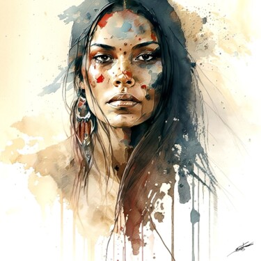 Arts numériques intitulée "La femme sioux" par Frédéric Font (Chroma), Œuvre d'art originale, Peinture numérique Monté sur C…