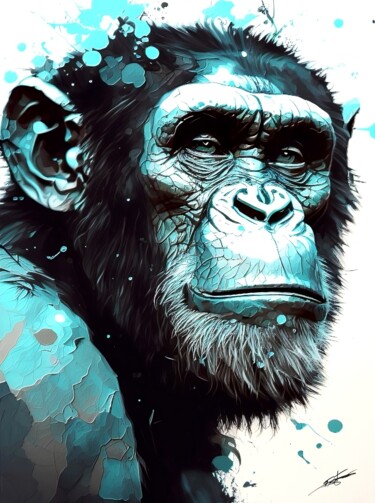 Digital Arts titled "bleue chimpanzé" by Frédéric Font (Chroma), Original Artwork, Digital Painting Mounted on Wood Stretche…