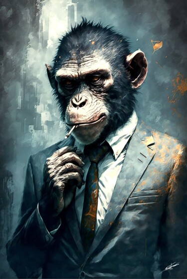 Digital Arts titled "Chimpanzé intellige…" by Frédéric Font (Chroma), Original Artwork, Digital Painting Mounted on Wood Str…
