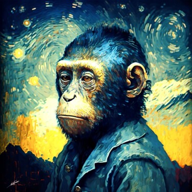 Digital Arts titled "Monkey by Van Gogh" by Frédéric Font (Chroma), Original Artwork, Digital Painting Mounted on Wood Stret…