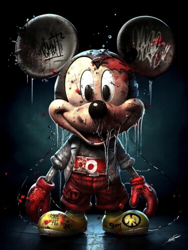 Digital Arts titled "Mickey Resurection" by Frédéric Font (Chroma), Original Artwork, Digital Painting Mounted on Wood Stret…