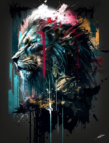 Digital Arts titled "Le lion en pleine s…" by Frédéric Font (Chroma), Original Artwork, Digital Painting Mounted on Wood Str…