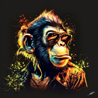 Digital Arts titled "Monkey rock" by Frédéric Font (Chroma), Original Artwork, Digital Painting Mounted on Wood Stretcher fr…