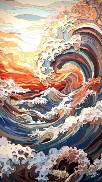 Arte digitale intitolato "Les vagues japonais…" da Frédéric Font (Chroma), Opera d'arte originale, Pittura digitale Montato…
