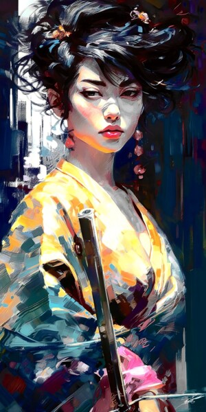 「La geisha en kimono」というタイトルのデジタルアーツ Frédéric Font (Chroma)によって, オリジナルのアートワーク, デジタル絵画 ウッドストレッチャーフレームにマウント