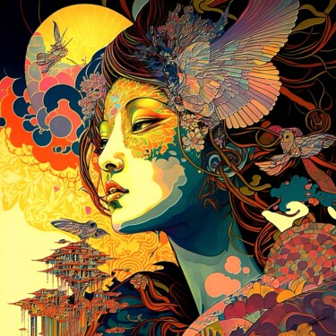 数字艺术 标题为“La femme japonaise…” 由Frédéric Font (Chroma), 原创艺术品, 数字油画 安装在木质担架架上