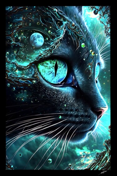 Digital Arts titled "le chat céleste" by Frédéric Font (Chroma), Original Artwork, Digital Painting Mounted on Wood Stretche…