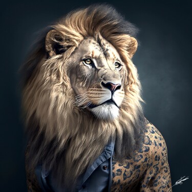 Digitale Kunst getiteld "Le lion et l"homme" door Frédéric Font (Chroma), Origineel Kunstwerk, Foto Montage Gemonteerd op Fr…