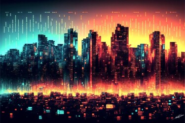 Digital Arts titled "Eclats urbains" by Frédéric Font (Chroma), Original Artwork, Digital Painting Mounted on Wood Stretcher…