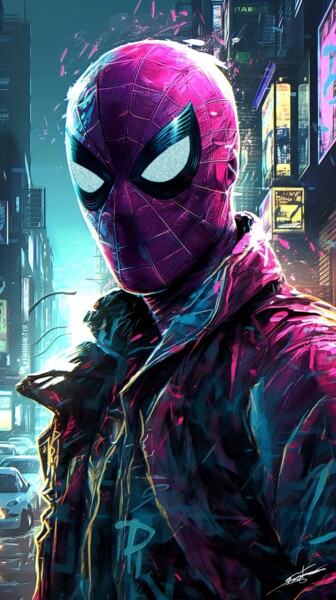 数字艺术 标题为“Spiderman In Street” 由Frédéric Font (Chroma), 原创艺术品, 数字油画 安装在木质担架架上