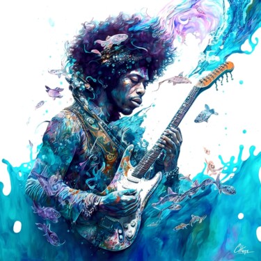 Digital Arts titled "Jimi hendrix and th…" by Frédéric Font (Chroma), Original Artwork, Digital Painting Mounted on Wood Str…