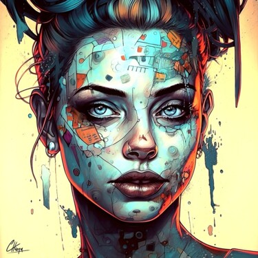 Digital Arts titled "Femme Néon" by Frédéric Font (Chroma), Original Artwork, Digital Painting Mounted on Wood Stretcher fra…