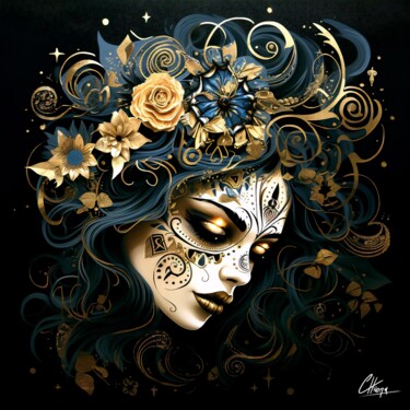 「Femme Mexicaine d'Or」というタイトルのデジタルアーツ Frédéric Font (Chroma)によって, オリジナルのアートワーク, デジタル絵画 ウッドストレッチャーフレームにマウント