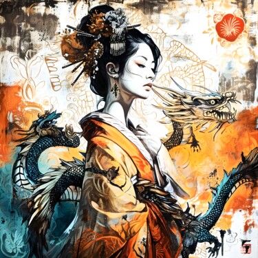 数字艺术 标题为“Dragon Éthéré” 由Frédéric Font (Chroma), 原创艺术品, 数字油画 安装在木质担架架上