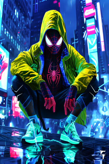 Digital Arts titled "Spider-Man Street W…" by Frédéric Font (Chroma), Original Artwork, Digital Painting Mounted on Wood Str…