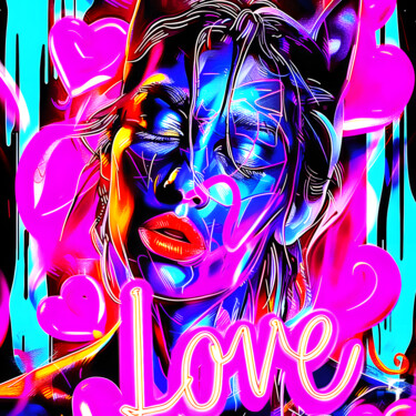 Digital Arts titled "Néon Love" by Frédéric Font (Chroma), Original Artwork, Digital Painting Mounted on Wood Stretcher frame