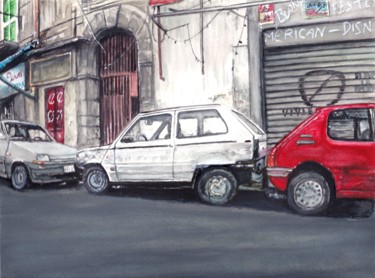 Schilderij getiteld "Fiat Panda-Renault5…" door Frédéric Fournier, Origineel Kunstwerk, Aquarel