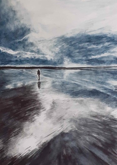 Schilderij getiteld "Plage Bleue" door Frédéric Fournier, Origineel Kunstwerk, Aquarel