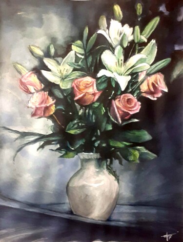 Картина под названием "Bouquet#4" - Frédéric Fournier, Подлинное произведение искусства, Акварель