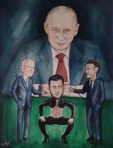 Zelensky la danseuse, sous le regard amusé de Poutine. Peinture intitulée "Zelensky la danseus…" par Frédéric Fournier, Œuvre d'art originale, Aquarelle