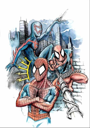 Peinture intitulée "3 Spider-Man" par Frédéric Fournier, Œuvre d'art originale, Aquarelle