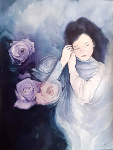 绘画 标题为“Rêveuse de roses.” 由Frédéric Fournier, 原创艺术品, 水彩
