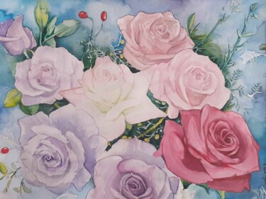 Pittura intitolato "Bouquet de roses." da Frédéric Fournier, Opera d'arte originale, Acquarello