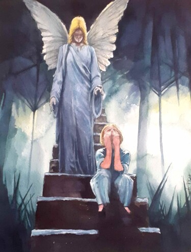 Peinture intitulée "L'enfant et son ang…" par Frédéric Fournier, Œuvre d'art originale, Aquarelle