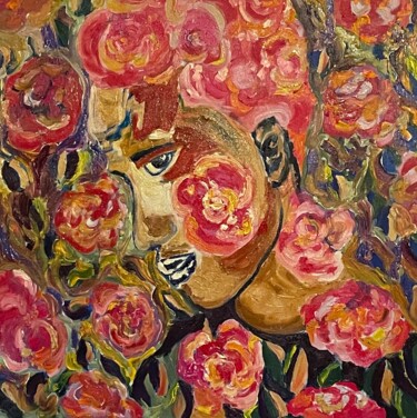 Painting titled "Portrait aux roses" by Frédéric Lemonnier, Original Artwork, Oil