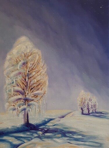 Malerei mit dem Titel "Un hiver sur Luyten…" von Frédéric Letrun, Original-Kunstwerk, Öl Auf Holzplatte montiert