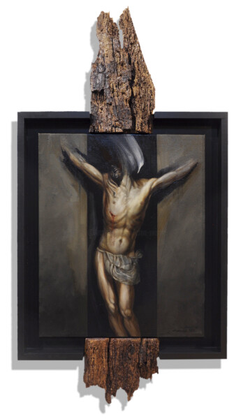 Peinture intitulée "Crucifixion au bois…" par Frédéric Martin, Œuvre d'art originale, Huile