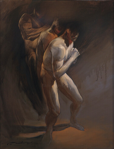 Painting titled "Homo erectus - rétr…" by Frédéric Martin, Original Artwork, Oil