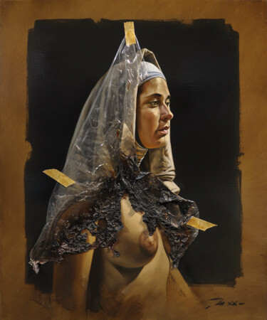 Painting titled "Le voile du silence" by Frédéric Martin, Original Artwork, Oil Mounted on Wood Stretcher frame