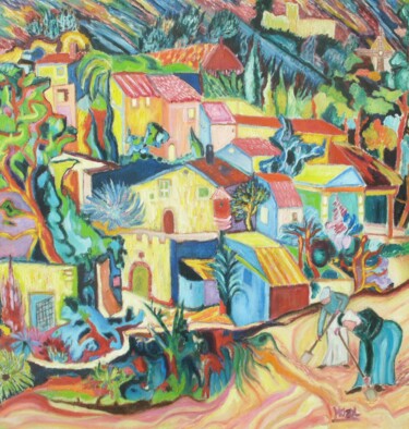 Peinture intitulée "village provençal a…" par Frédéric Mazel, Œuvre d'art originale