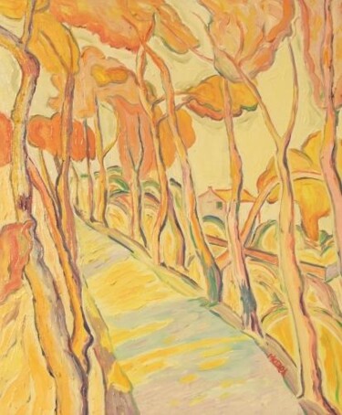 Peinture intitulée "Allée de pins." par Frédéric Mazel, Œuvre d'art originale, Huile
