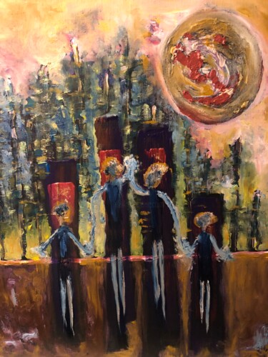 Peinture intitulée "Les premiers hommes…" par Frédéric Pierre Lemonnier Lemonnier, Œuvre d'art originale, Huile Monté sur Ch…