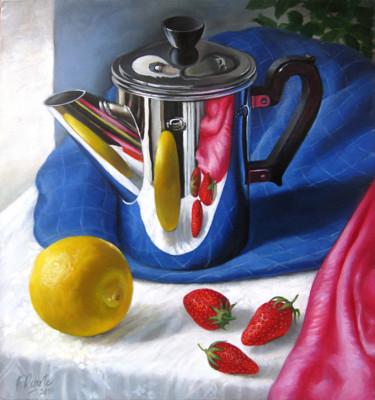 Painting titled "Cafetière Chromée e…" by Frederic Reverte, Original Artwork, Oil