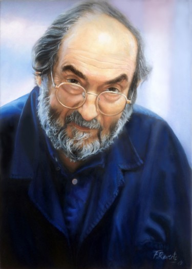 Painting titled "Stanley Kubrick" by Frederic Reverte, Original Artwork, Oil Mounted on Wood Stretcher frame
