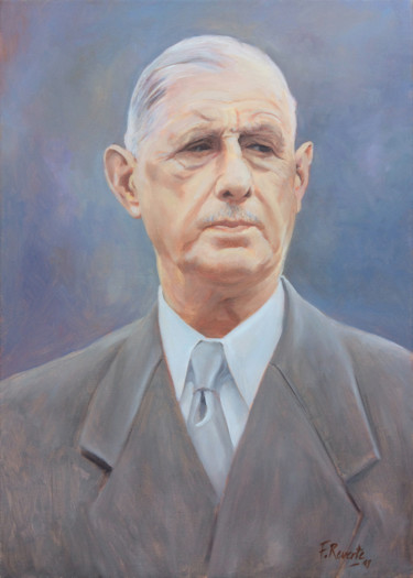 Painting titled "Charles De Gaulle,…" by Frederic Reverte, Original Artwork, Oil Mounted on Wood Stretcher frame