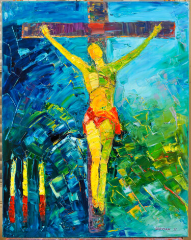 Peinture intitulée "christ en croix ave…" par Frederic Servian, Œuvre d'art originale, Huile
