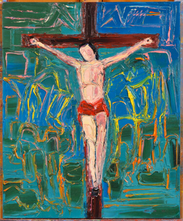 Ζωγραφική με τίτλο "christ en croix fon…" από Frederic Servian, Αυθεντικά έργα τέχνης, Λάδι